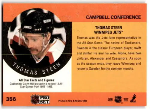 Thomas Steen hockey card from 1990-91 Pro Set featuring original gloss in excellent condition