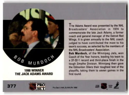 Hockey card back of 1990-91 Pro Set Bob Murdoch Adams with original gloss finish