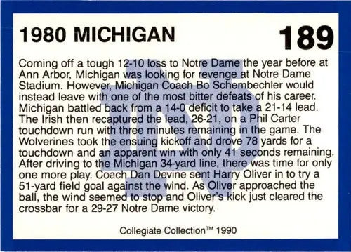 1980 Michigan football card from the 1990 Collegiate Collection Notre Dame series