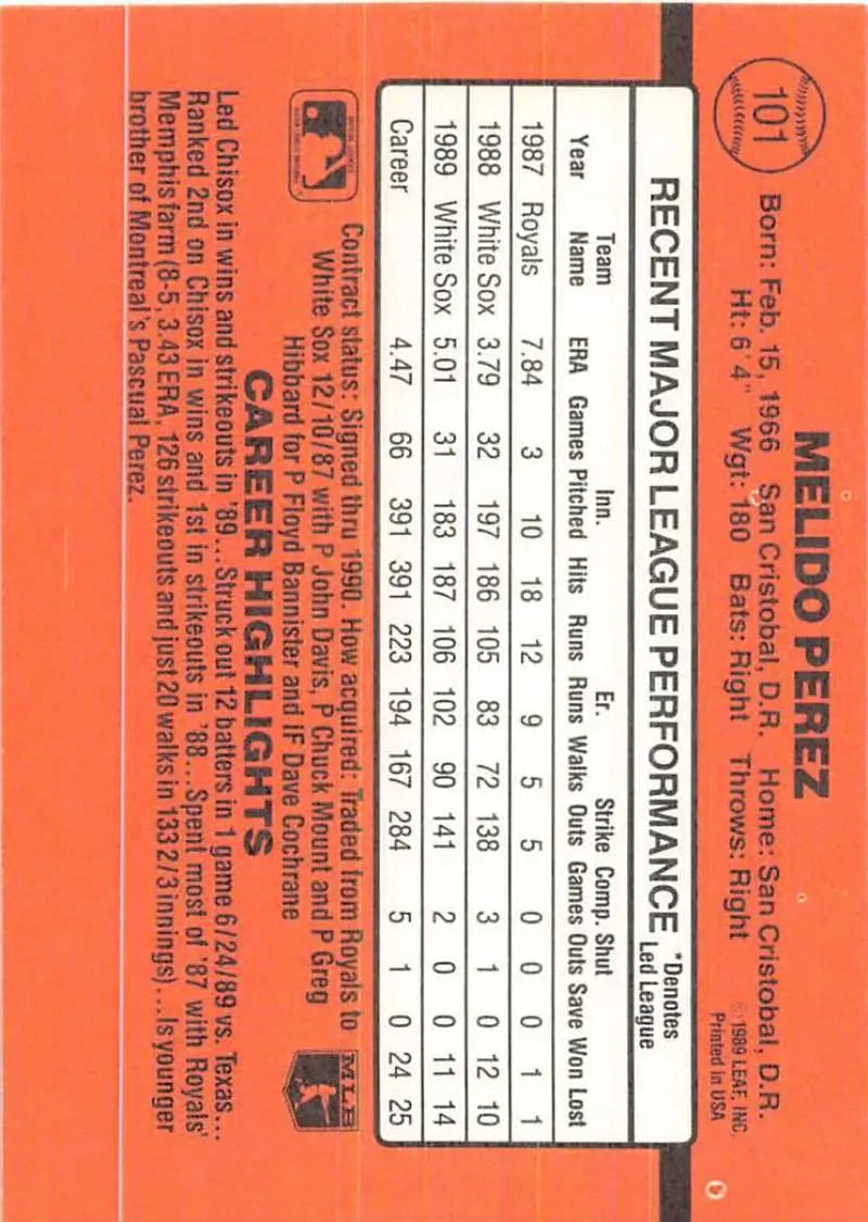 Orange 1990 Donruss Melido Perez baseball card with Chicago White Sox stats