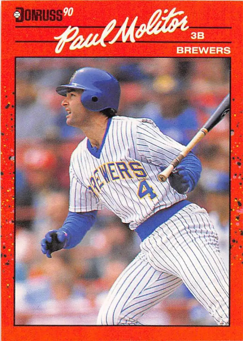 1990 Donruss Paul Molitor baseball card featuring Milwaukee Brewers player at bat