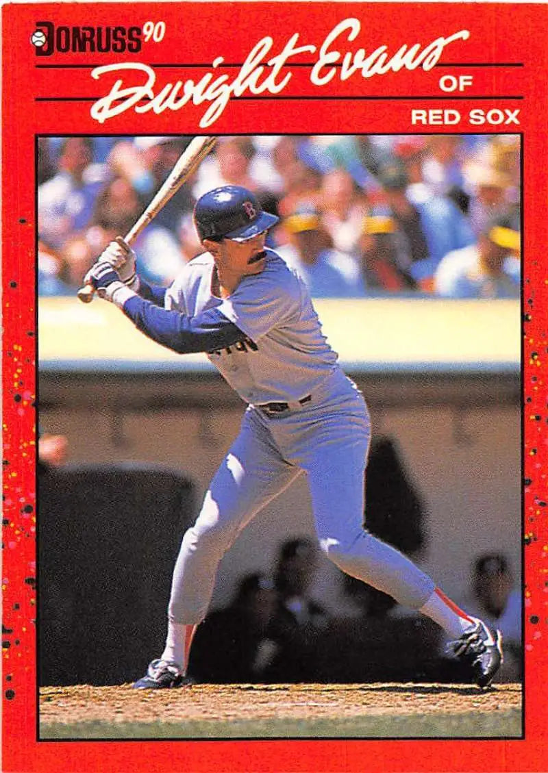 1990 Donruss Dwight Evans baseball card featuring Red Sox player at bat