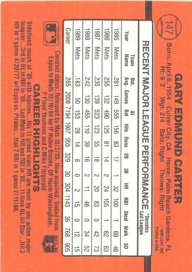 Orange baseball card featuring player stats for 1990 Donruss Gary Carter, New York Mets