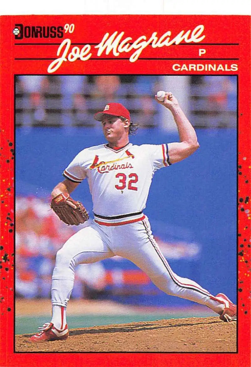Red 1990 Donruss Joe Magrane baseball card for St. Louis Cardinals collectors