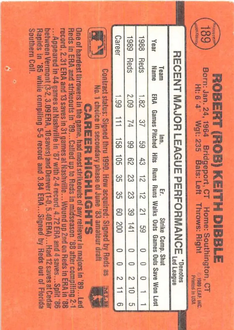 Orange baseball card featuring Rob Dibble career stats for Cincinnati Reds trading cards