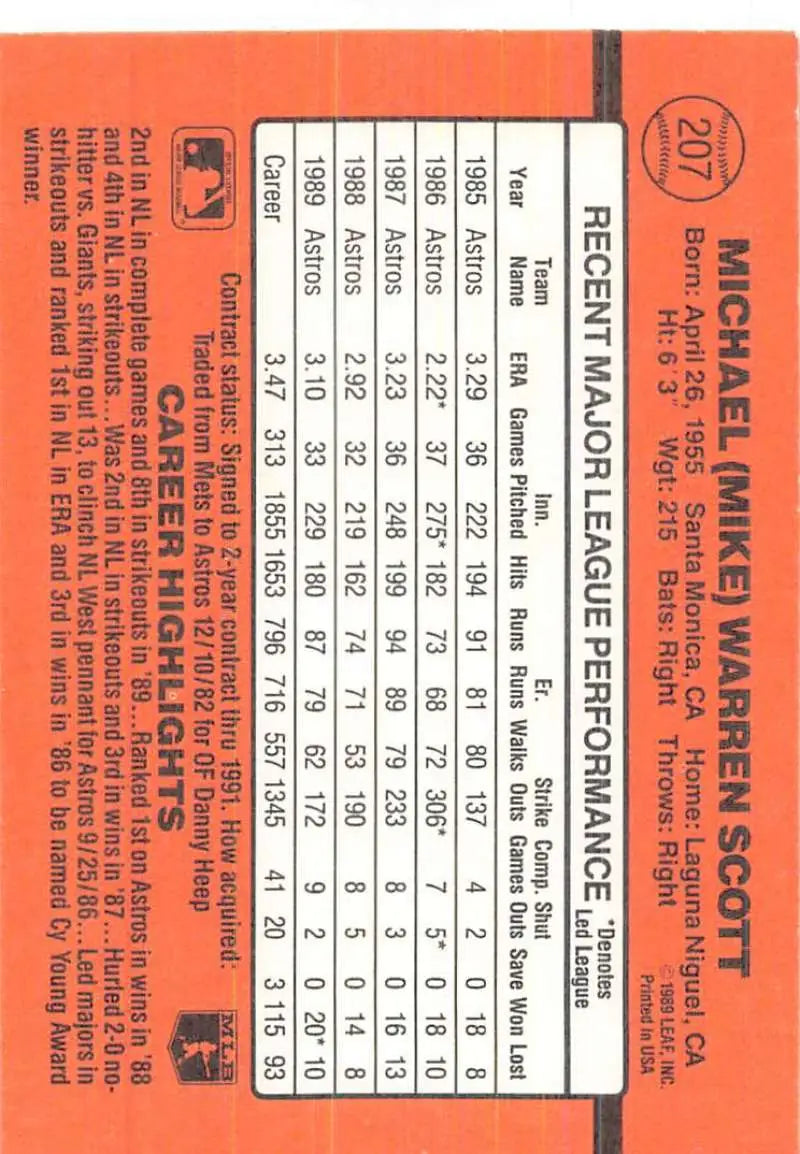 Orange baseball card featuring Mike Scott Houston Astros player statistics and highlights