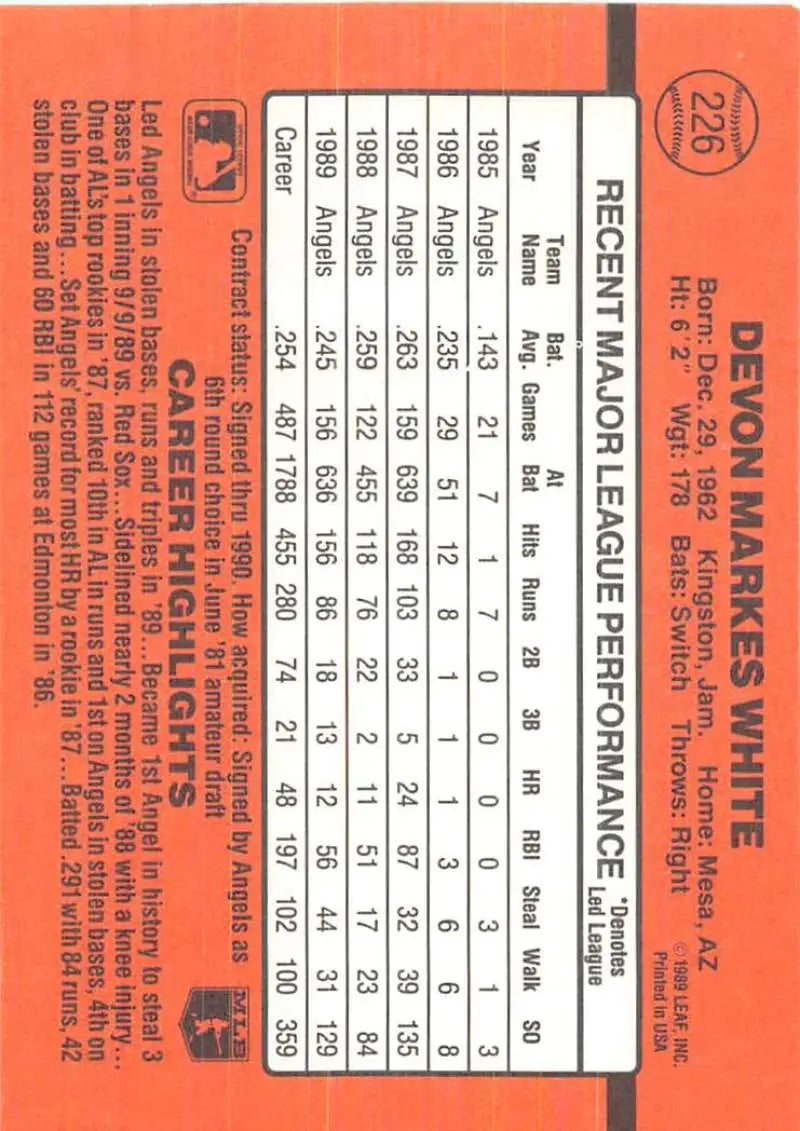 Orange baseball card displaying 1990 Donruss #226 Devon White career stats and data