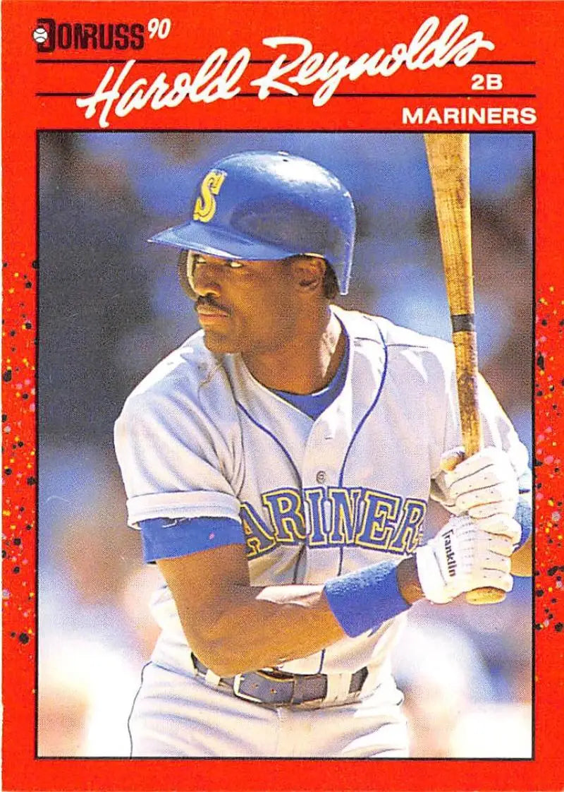 Red-bordered 1990 Donruss Harold Reynolds baseball card for Seattle Mariners trading cards