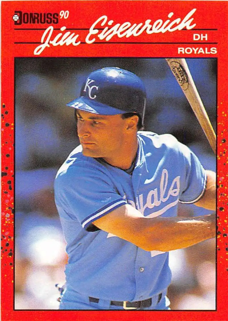 1990 Donruss Jim Eisenreich baseball card in batting stance for collectors of trading cards