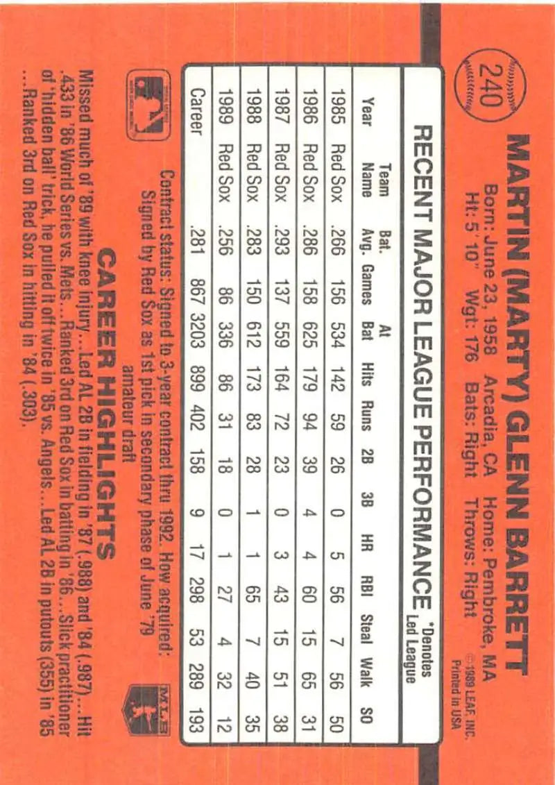 Orange baseball card featuring Marty Barrett’s stats from 1990 Donruss trading cards