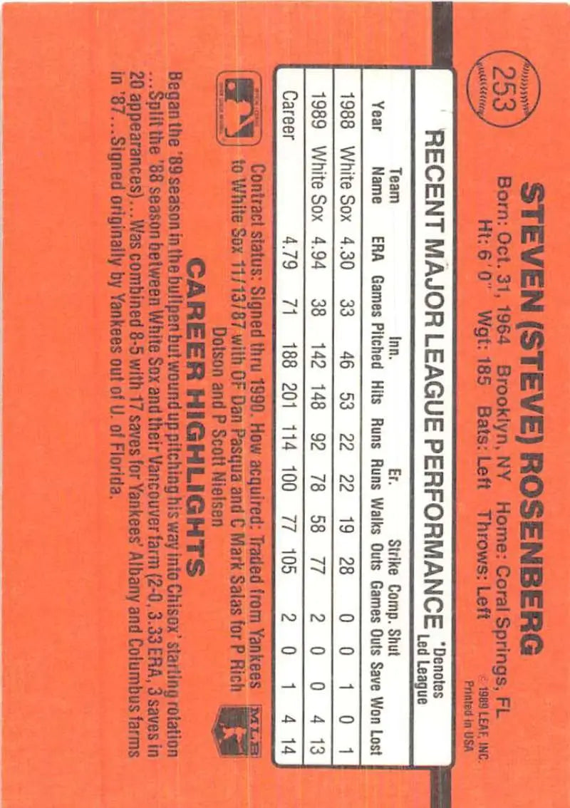 Orange baseball performance card featuring stats for 1990 Donruss #253 Steve Rosenberg