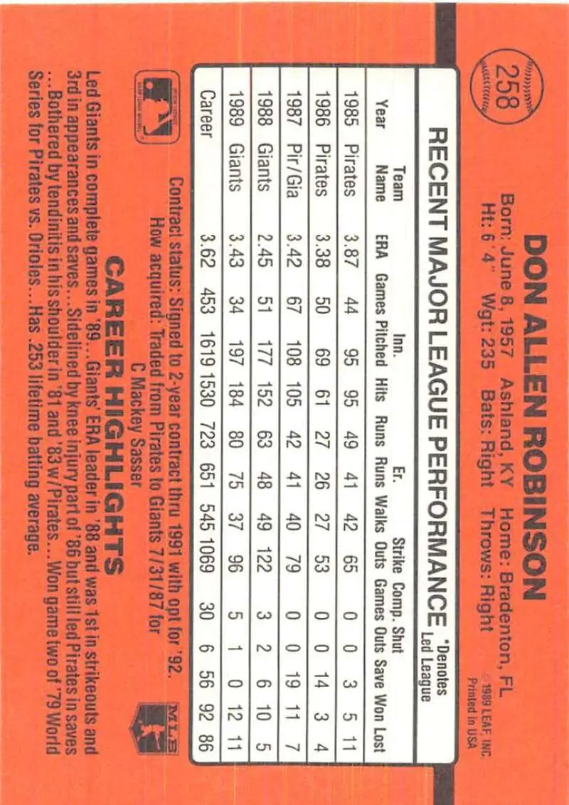 Orange 1990 Donruss #258 Don Robinson Baseball Card showcasing player stats and performance