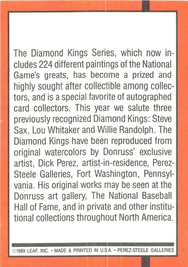 Orange-bordered text block about Diamond Kings Series baseball card availability in galleries