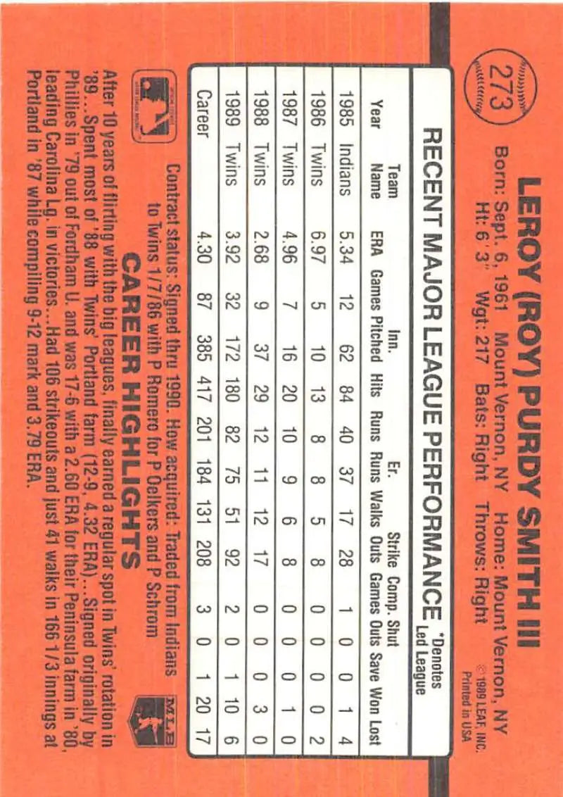 Orange baseball card statistics grid for 1990 Donruss #273 Roy Smith performance data