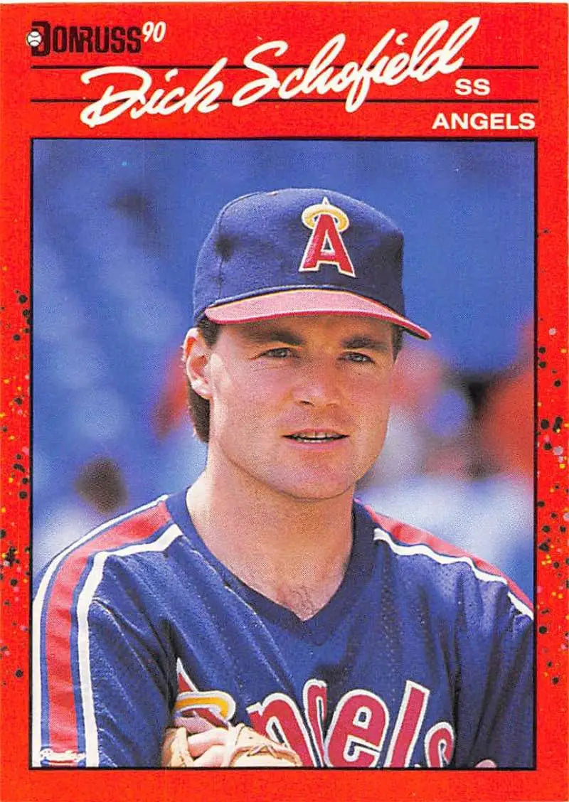 Red-bordered 1990 Donruss Dick Schofield California Angels Baseball Card in VG-EX condition