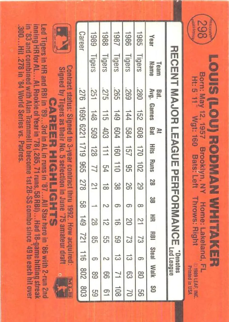 Orange Lou Whitaker 1990 Donruss baseball card showcasing player statistics and performance