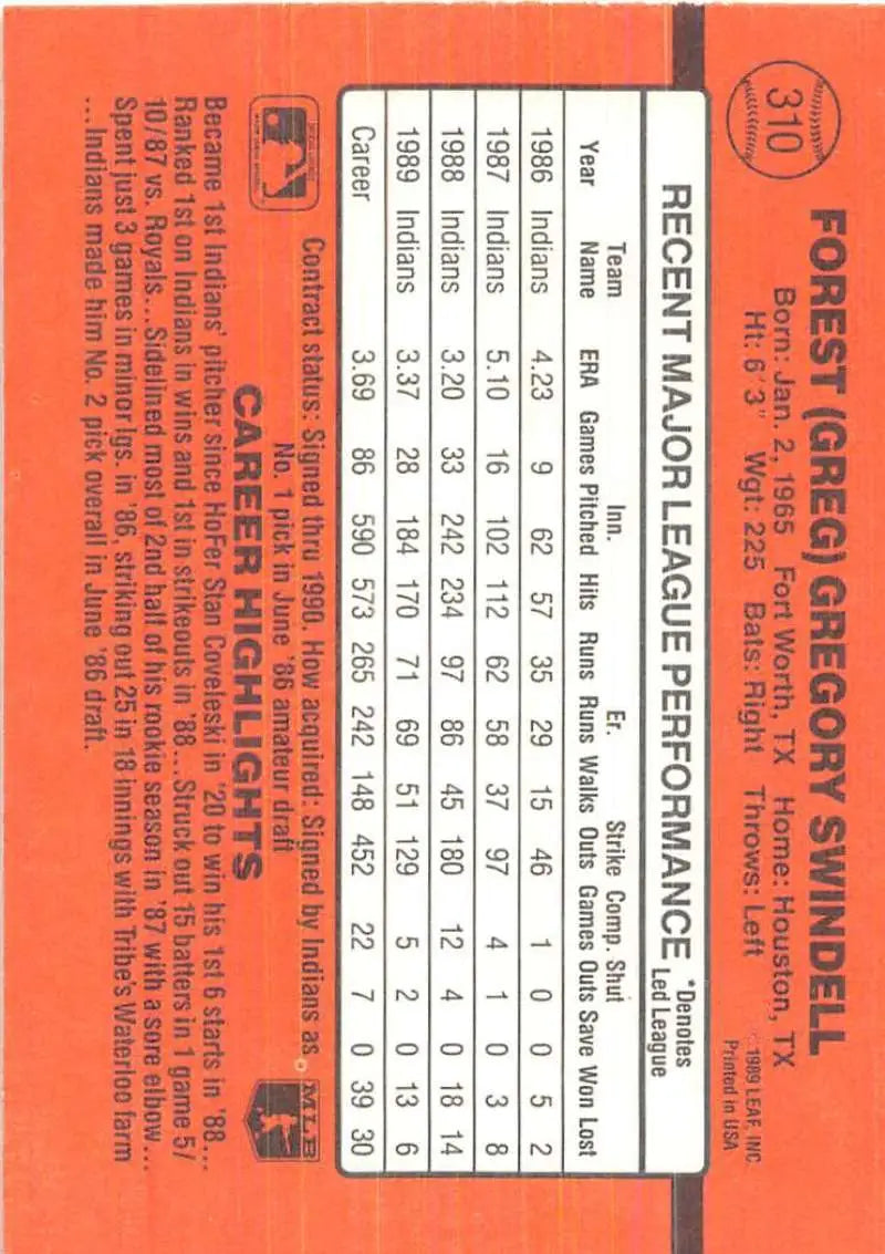 Orange baseball card of Greg Swindell with player stats from 1990 Donruss Trading Cards