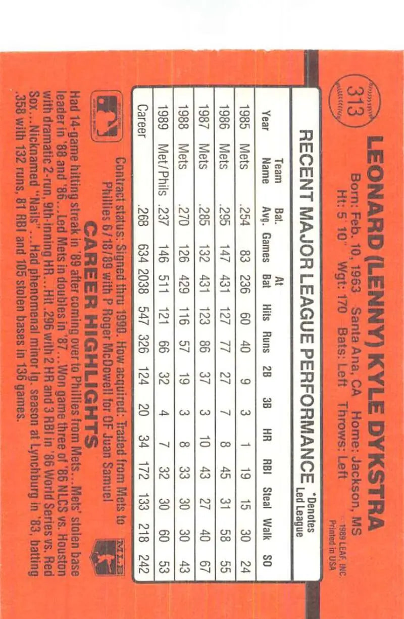 Orange 1990 Donruss Lenny Dykstra baseball card with player stats and performance data
