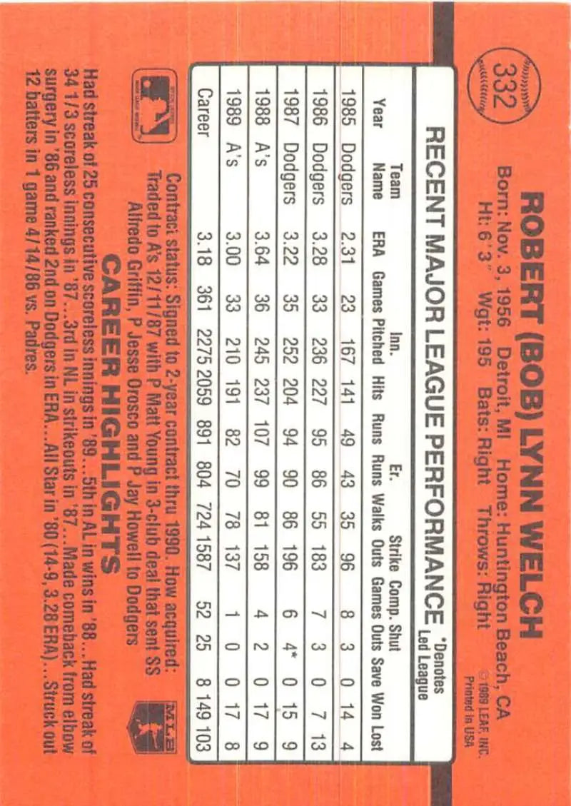 Orange baseball card of Bob Welch displaying player stats for trading cards collection