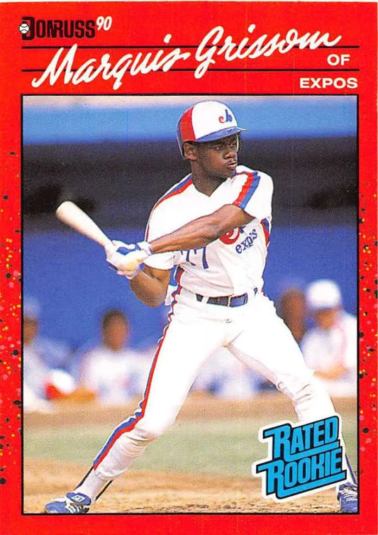 Red 1990 Donruss Rookie Card of Marquis Grissom, Montreal Expos outfielder at bat