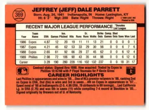 Baseball card back of 1990 Donruss #369 Jeff Parrett Philadelphia Phillies original gloss