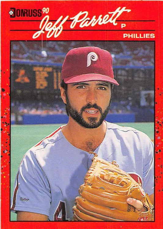 Red 1990 Donruss baseball card of Jeff Parrett from the Philadelphia Phillies