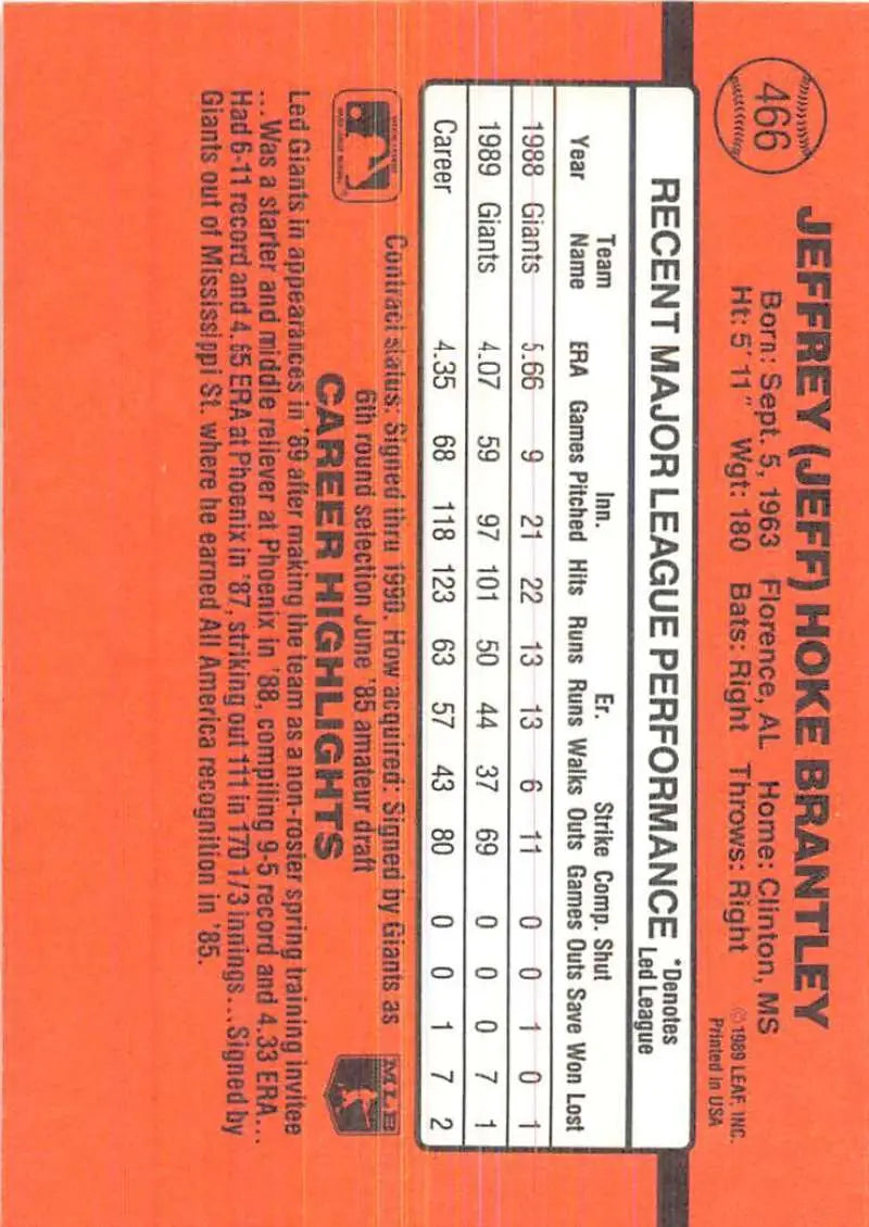 Orange 1990 Donruss baseball card featuring Jeff Brantley statistics and text