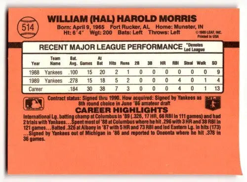 1990 Donruss #514 Hal Morris New York Yankees Baseball Cards ID:52767 - Baseball Cards