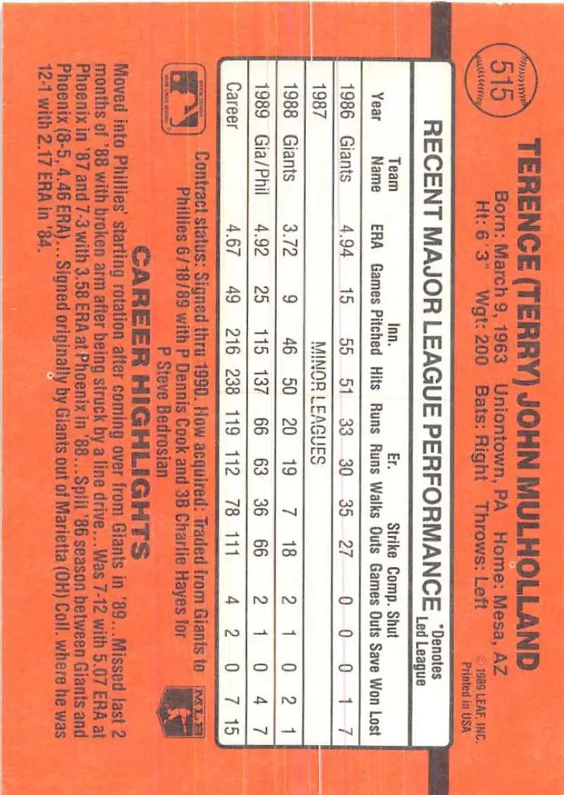 Orange 1990 Donruss Terry Mulholland Phillies Baseball Card with player stats