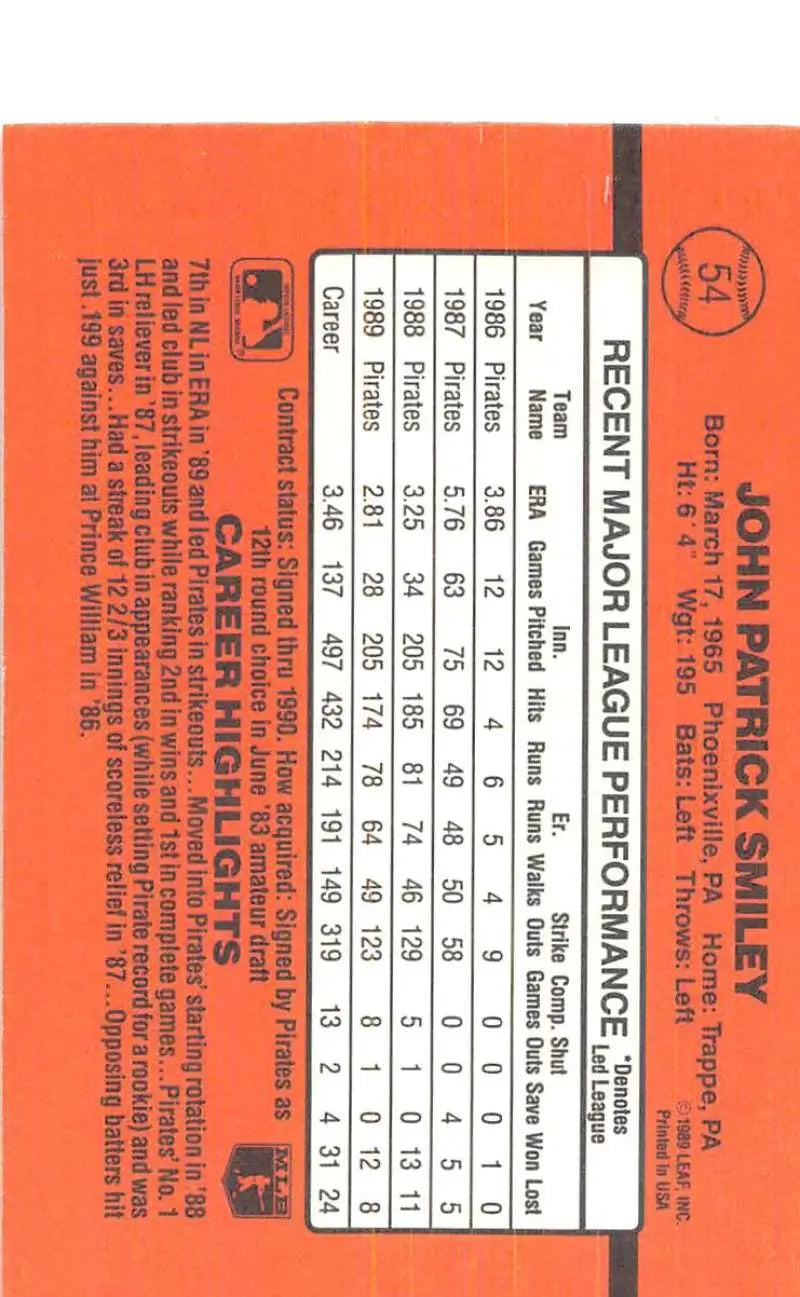Orange train ticket featuring timetable, alongside John Smiley Pittsburgh Pirates Baseball Card