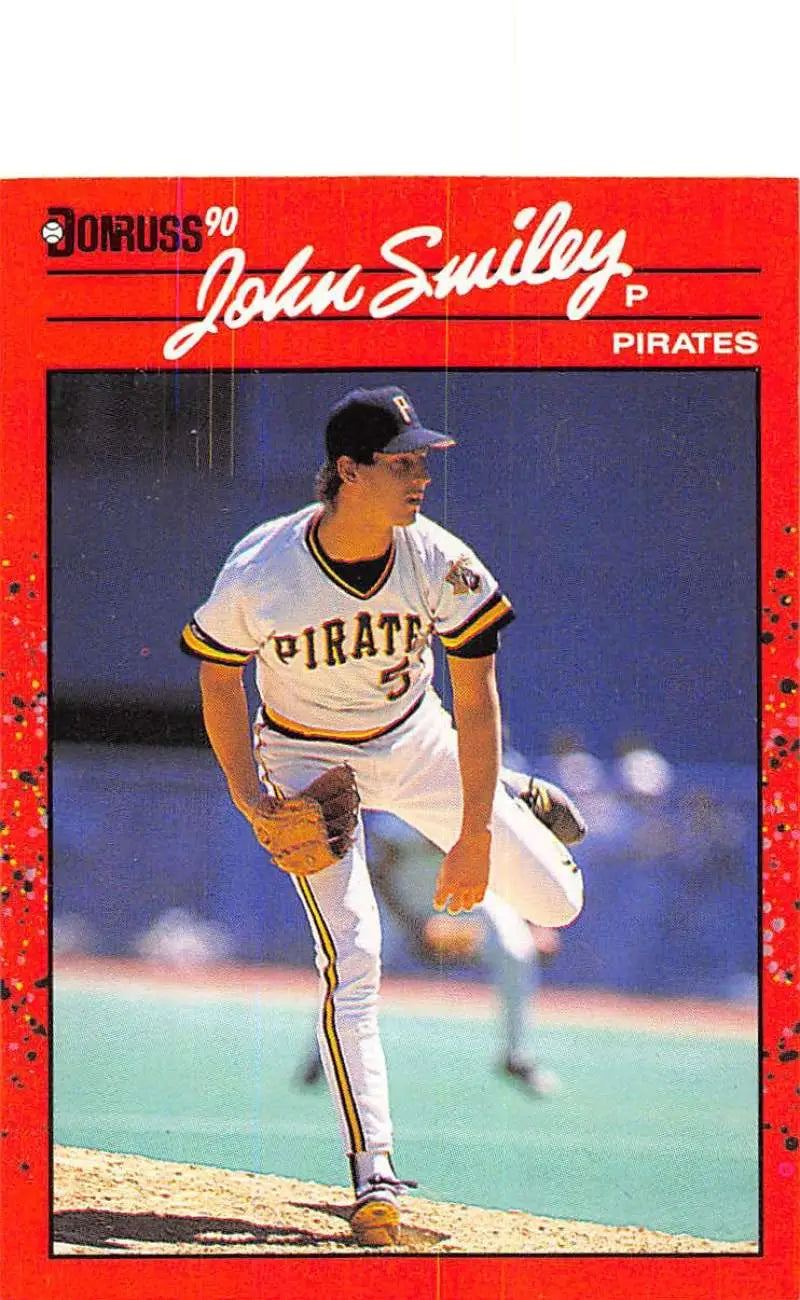 Red 1990 Donruss Baseball Card of John Smiley, Pittsburgh Pirates Pitcher in Action