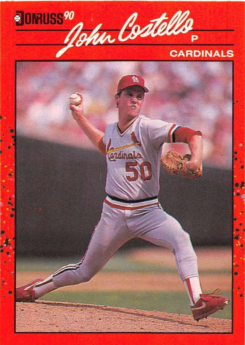 Red-bordered 1990 Donruss Baseball Card of John Costello, St. Louis Cardinals pitcher