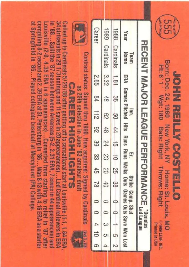 Orange baseball card featuring John Costello stats for St. Louis Cardinals collectors