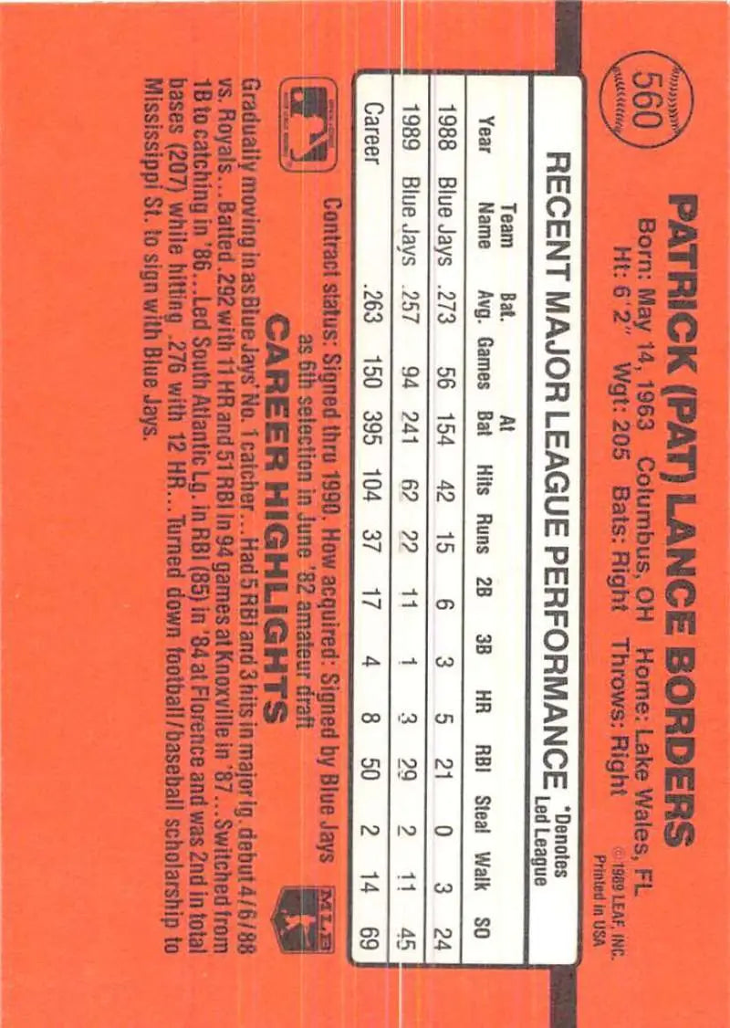 Orange baseball card statistics grid for 1990 Donruss #560 Pat Borders trading cards