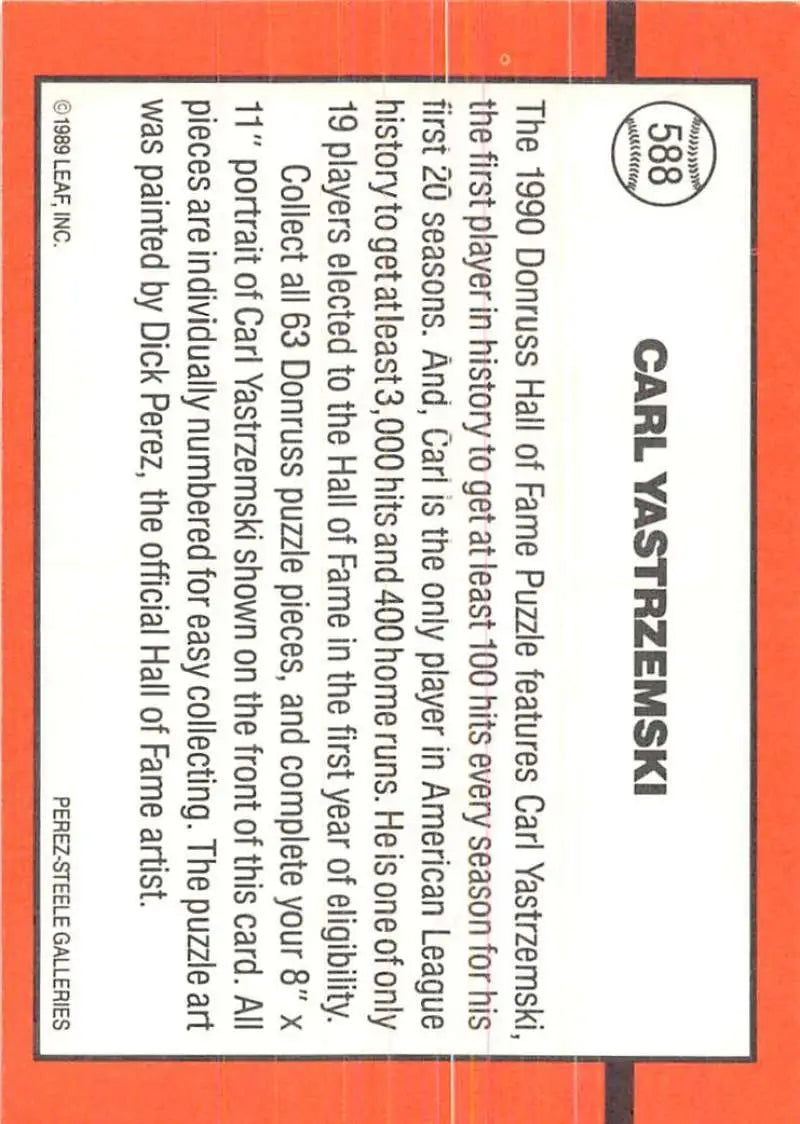 Orange 1990 Donruss #588 Carl Yastrzemski Baseball Card featured for Red Sox fans
