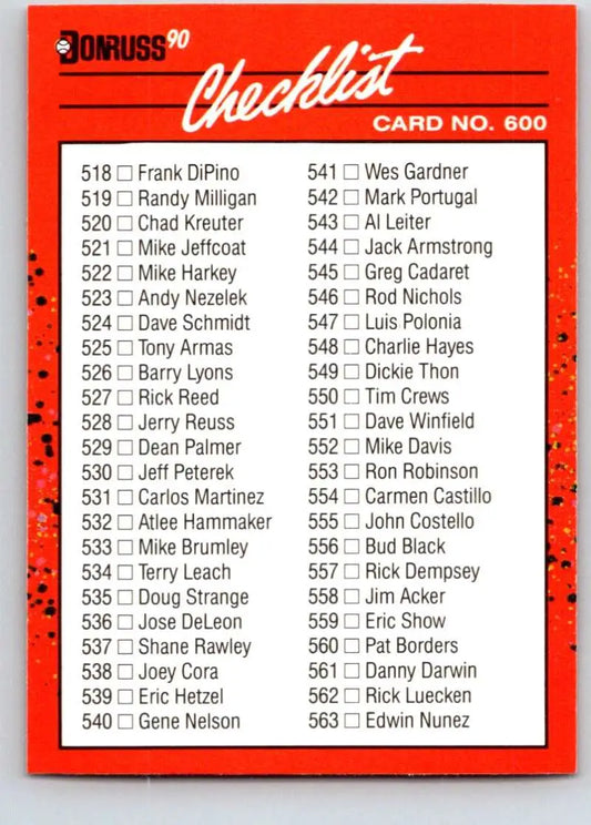 Red Donruss baseball card 600a checklist 538-639 featuring players numbered 518-562