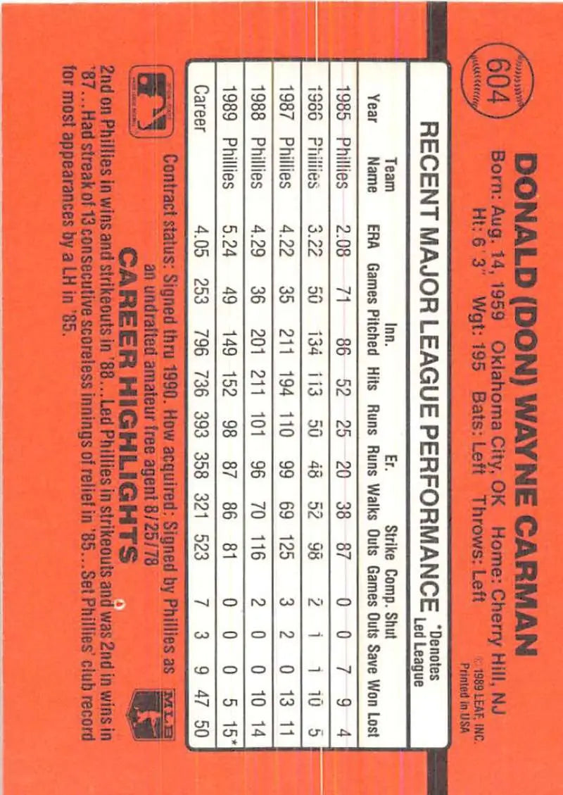 Orange 1990 Donruss #604 Don Carman baseball card featuring player statistics