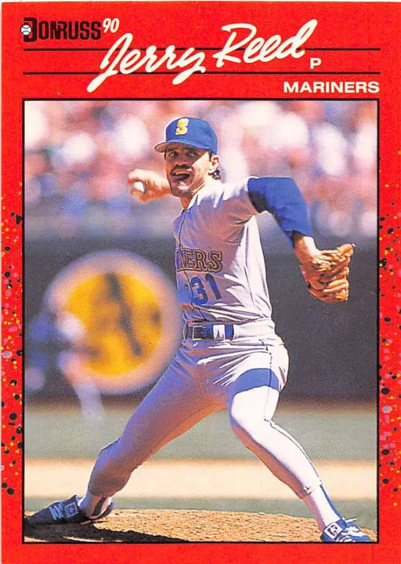 Baseball player mid-pitch on a Seattle Mariners trading card from 1990 Donruss