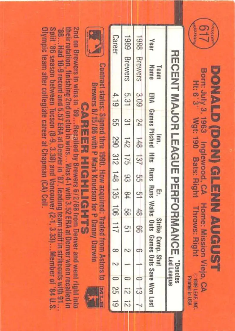 Orange baseball card featuring player stats for 1990 Donruss #617 Don August
