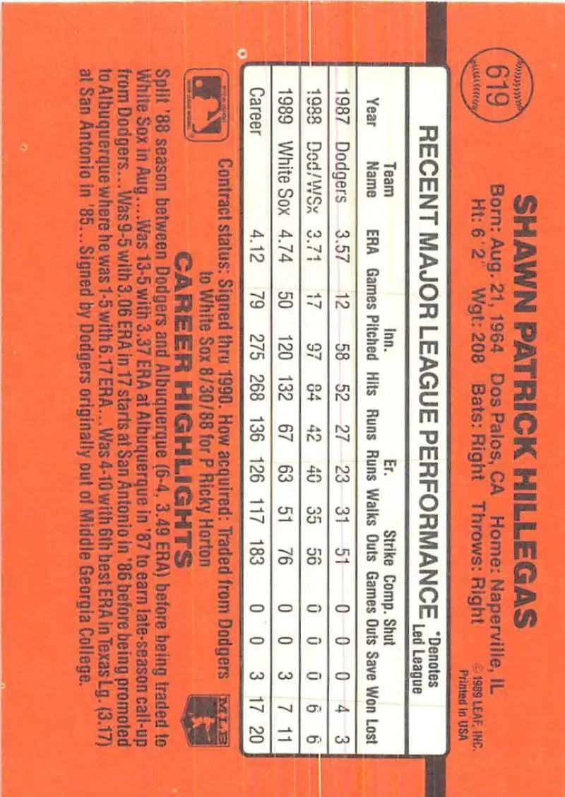 Orange baseball card featuring Shawn Hillegas stats, a must-have for trading cards collectors