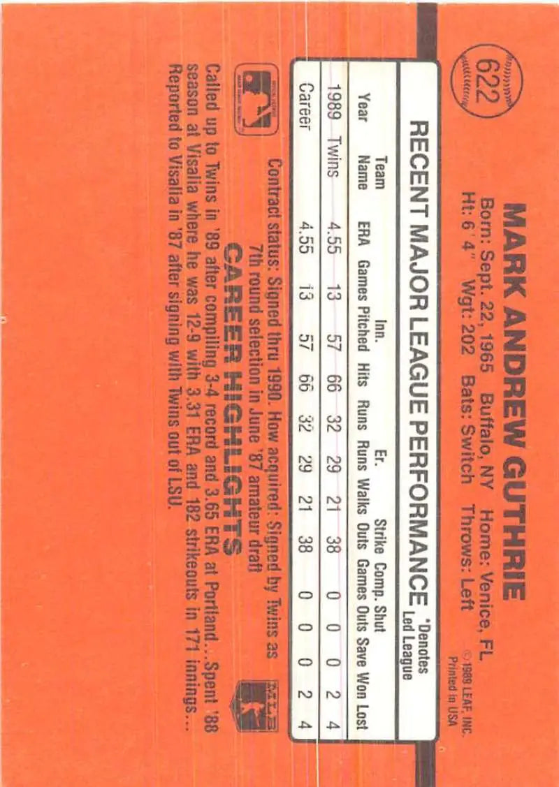 Orange performance scorecard for the 1990 Donruss Mark Guthrie Rookie Baseball Card