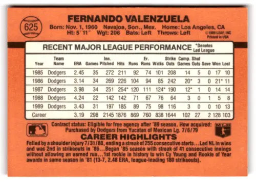 1990 Donruss #625 Fernando Valenzuela baseball card in original gloss near mint condition