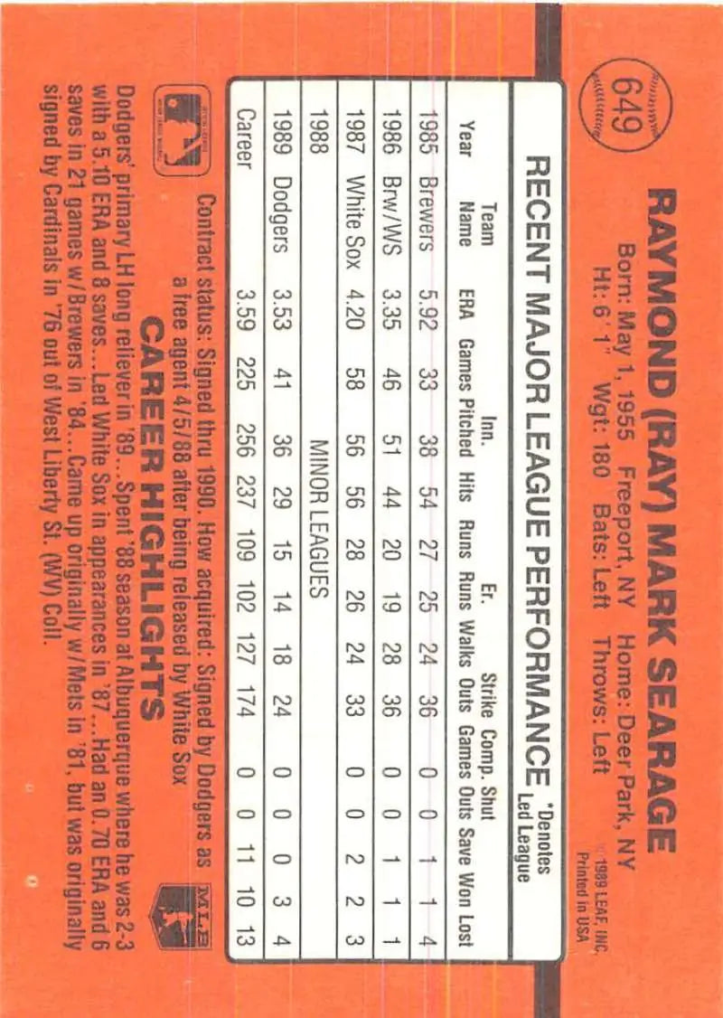 Orange Ray Searage baseball card featuring Los Angeles Dodgers player statistics and data