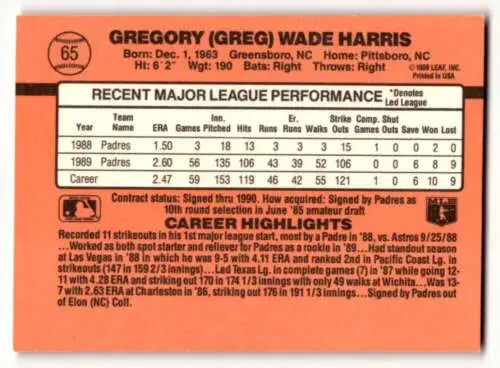 Gregory Wade Harris San Diego Padres baseball card with original gloss from 1990 Donruss