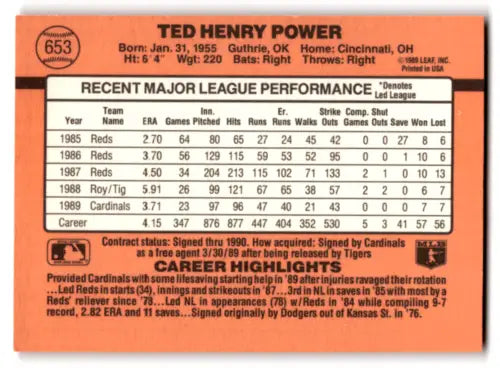 Back of 1990 Donruss #653 Ted Power baseball card with original gloss for collectors