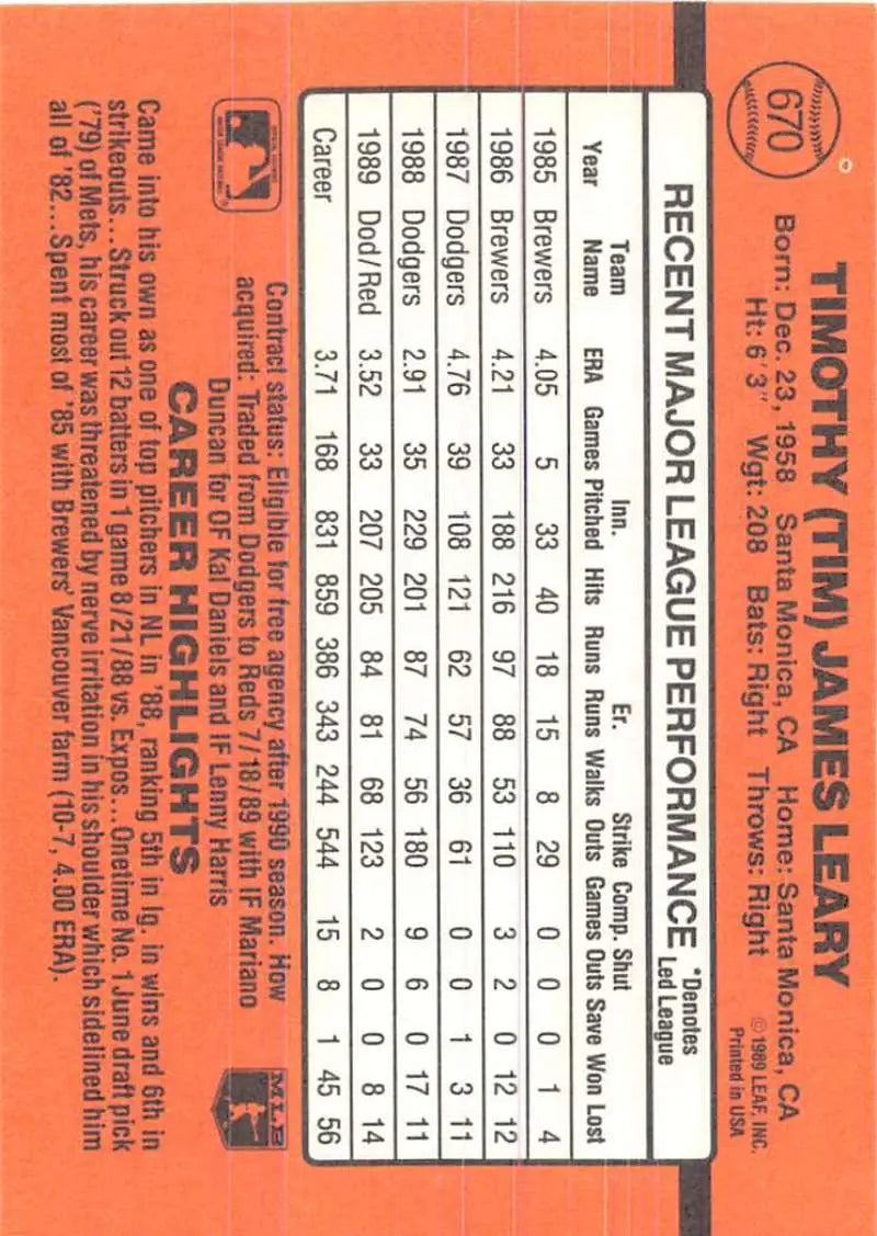 Orange 1990 Donruss #670 Tim Leary baseball card featuring player stats and data
