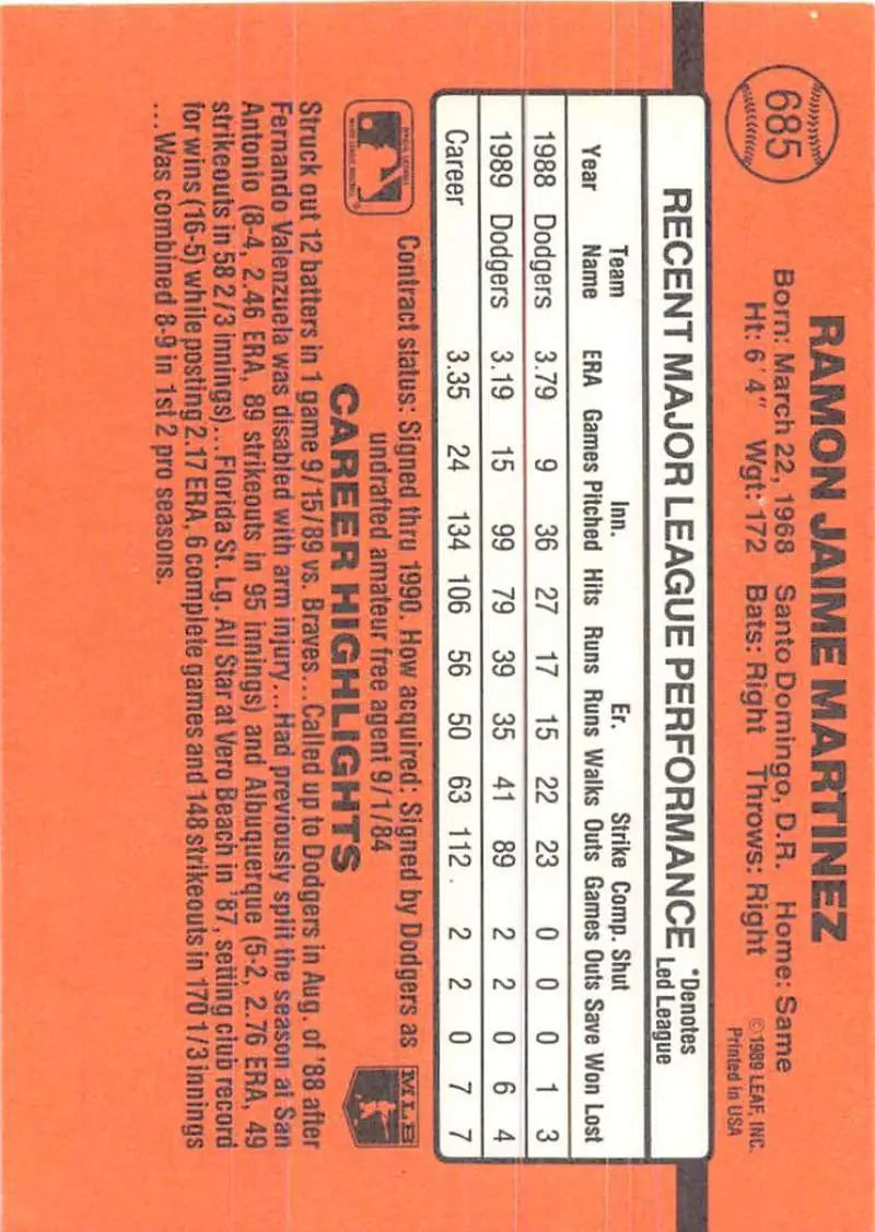 Orange baseball trading card of Ramon Martinez for Los Angeles Dodgers with stats and info