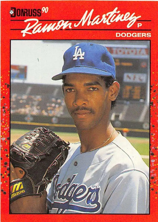 1990 Donruss Ramon Martinez baseball card of Los Angeles Dodgers pitcher in uniform