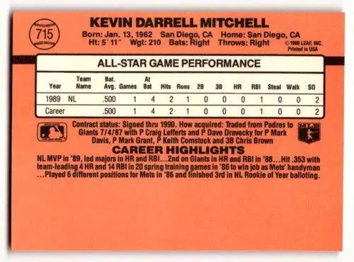 1990 Donruss #715 Kevin Mitchell San Francisco Giants Baseball Cards ID:52774 - Baseball Cards
