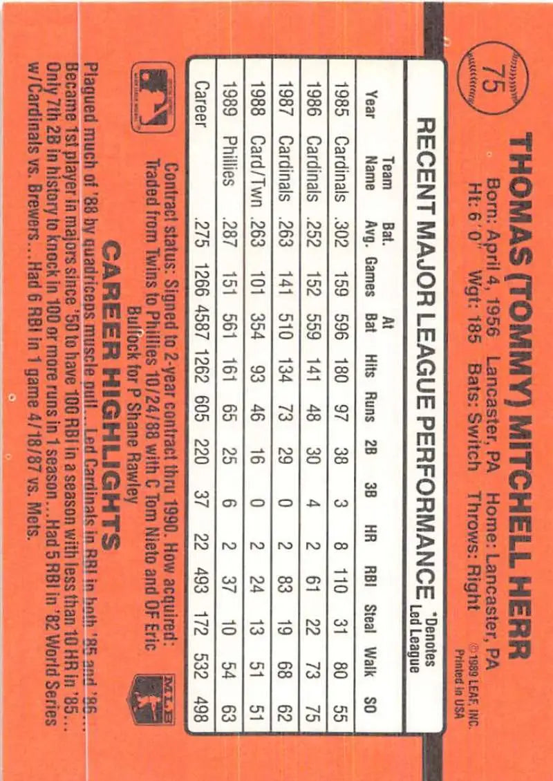 Orange baseball card featuring Tom Herr’s performance stats for Philadelphia Phillies trading cards
